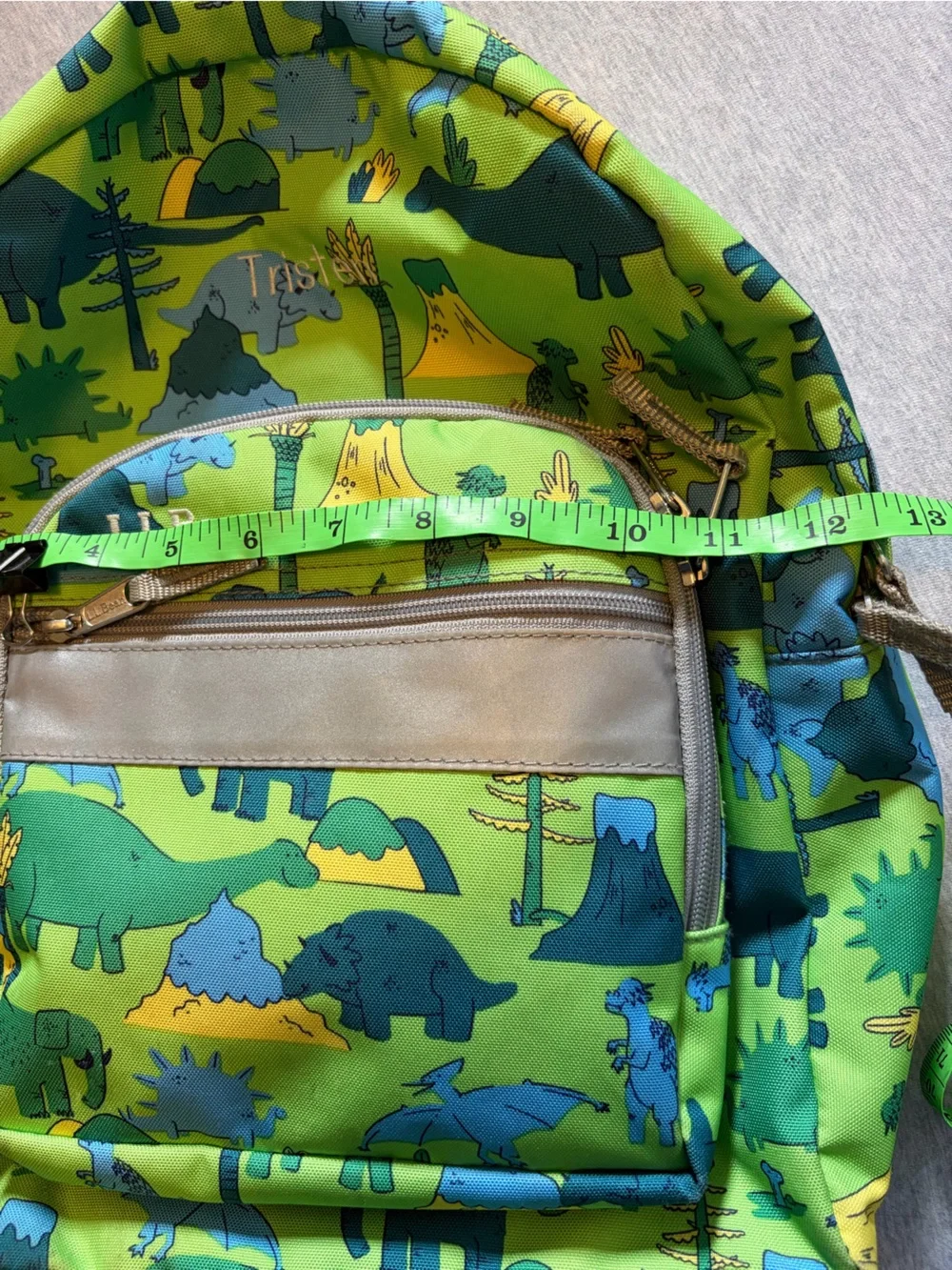 L.L. Bean Kids Dinosaur Print Small Backpack Green & Blue School Boy 16”x12”x4”